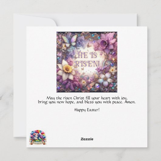 Paarse bloemen Hij is verrezen vlinders Pasen Feestdagenkaart (Achterkant)