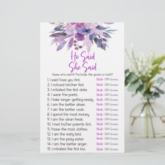 Paarse Bloemen Hij zei dat ze Vrijgezellenfeest sp Briefpapier (Staand voorkant)