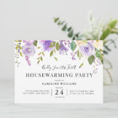 paarse bloemen housewarming party uitnodiging (Staand voorkant)