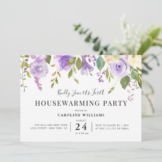 paarse bloemen housewarming party uitnodiging (Staand voorkant)