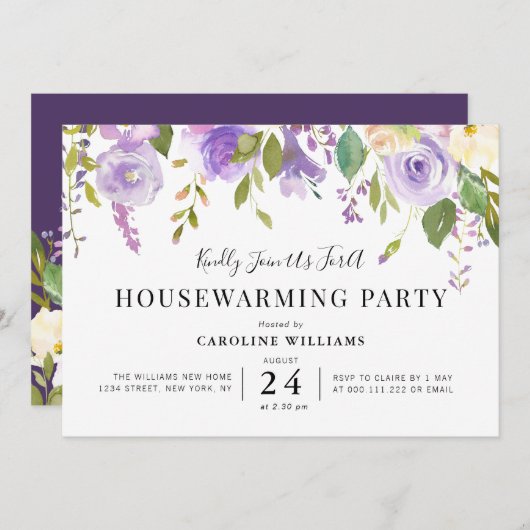 paarse bloemen housewarming party uitnodiging (Voorkant / Achterkant)