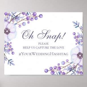 Paarse bloemen huwelijksbord. Instagram hashtag Poster