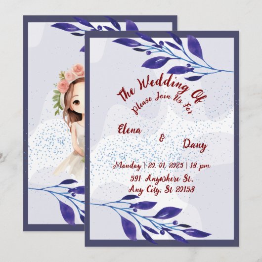 Paarse bloemen huwelijksuitnodiging: een dromerige feestdagenkaart (Voorkant / Achterkant)