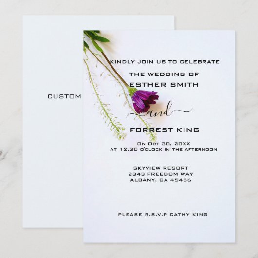 Paarse Bloemen Huwelijksuitnodigingen - Anjer Desi Kaart (Voorkant / Achterkant)