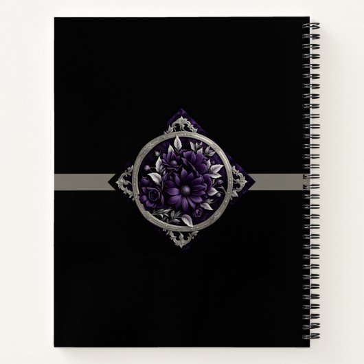 Paarse bloemen in gotisch Lijst met lint Notitieboek (Achterkant)