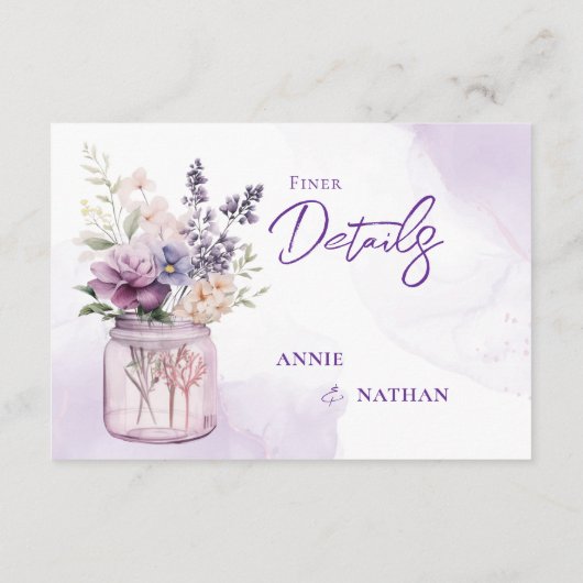 Paarse bloemen in Mason Jar Bloemen bruiloft detai Informatiekaartje (Achterkant)