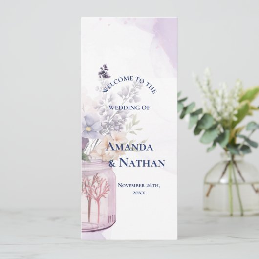 Paarse bloemen in Mason Jar Bloemen bruiloft progr Kaart (Staand voorkant)