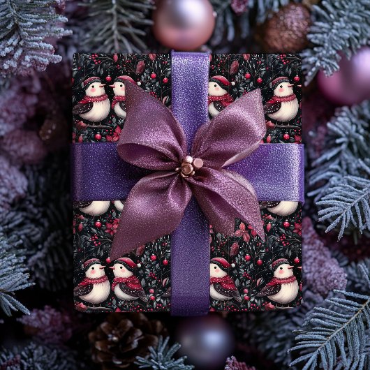 Paarse Bloemen Kerst Inpakpapier met Vogels