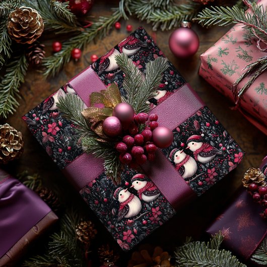 Paarse Bloemen Kerst Inpakpapier met Vogels
