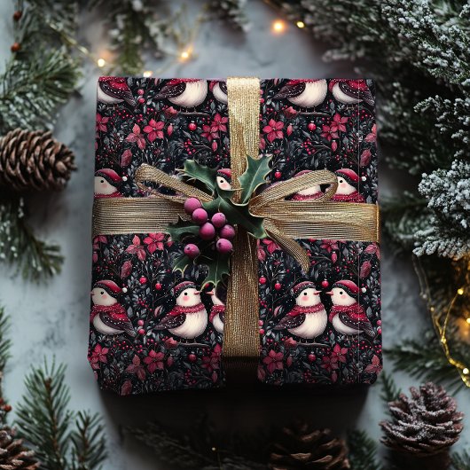 Paarse Bloemen Kerst Inpakpapier met Vogels