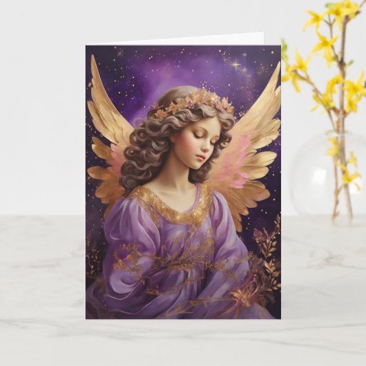  Paarse Bloemen Kerstengel Kaart (Gele Bloem)