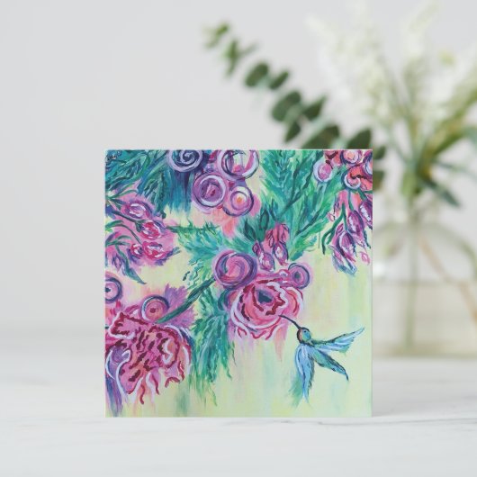 Paarse bloemen & kolibrie feestdagenkaart (Staand voorkant)