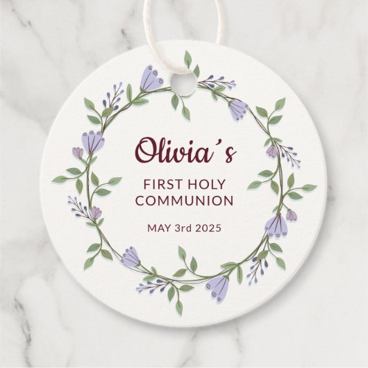 Paarse bloemen Krans Eerste Communie Bedankjes Labels (Voorkant)
