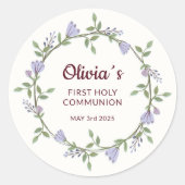 Paarse bloemen Krans Eerste Communie Ronde Sticker (Voorkant)