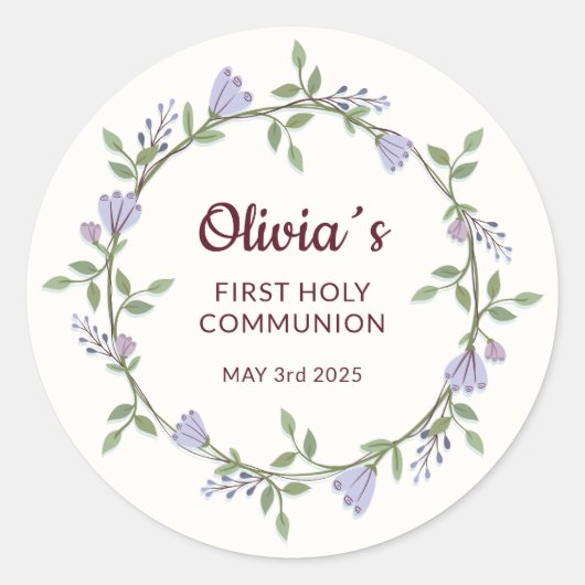 Paarse bloemen Krans Eerste Communie Ronde Sticker (Voorkant)
