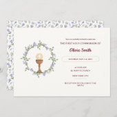 Paarse bloemen Krans Eerste Communie Uitnodiging (Voorkant / Achterkant)