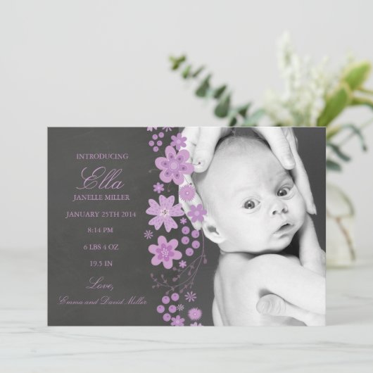 Paarse Bloemen krijtbord Geboorteaankondiging Aankondiging (Staand voorkant)