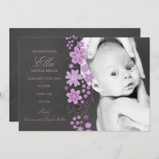 Paarse Bloemen krijtbord Geboorteaankondiging Aankondiging (Voorkant / Achterkant)