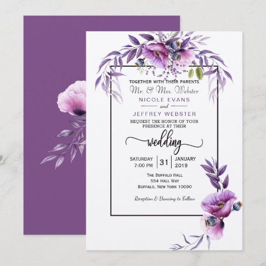 Paarse bloemen land bruiloft uitnodiging (Voorkant / Achterkant)