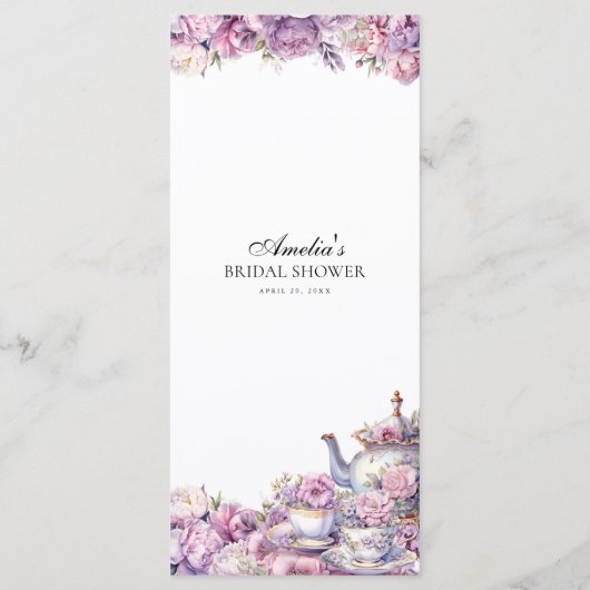 Paarse Bloemen Lavendel Afternoon Tea Party Menu (Achterkant)