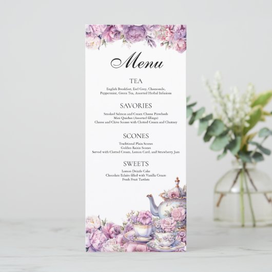Paarse Bloemen Lavendel Afternoon Tea Party Menu (Staand voorkant)