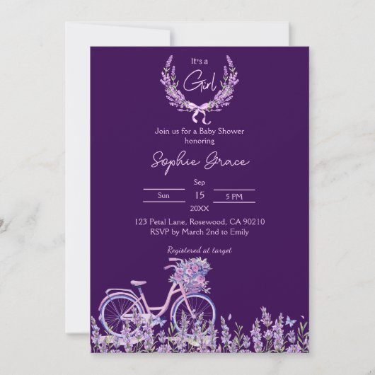 Paarse Bloemen Lavendel Fiets Baby shower Kaart (Voorkant)