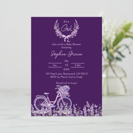 Paarse Bloemen Lavendel Fiets Baby shower Kaart (Staand voorkant)