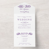 paarse Bloemen lijst initialen Witte bruiloft All In One Uitnodiging (Binnen)