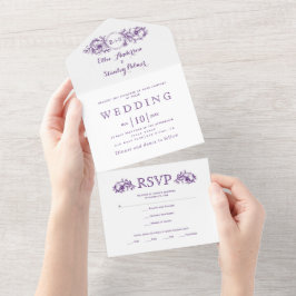 paarse Bloemen lijst initialen Witte bruiloft All In One Uitnodiging