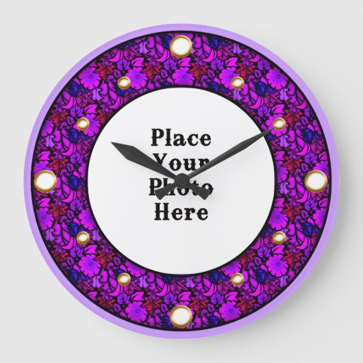 Paarse Bloemen Lijst Uw Foto Muur Klok (Voorkant)