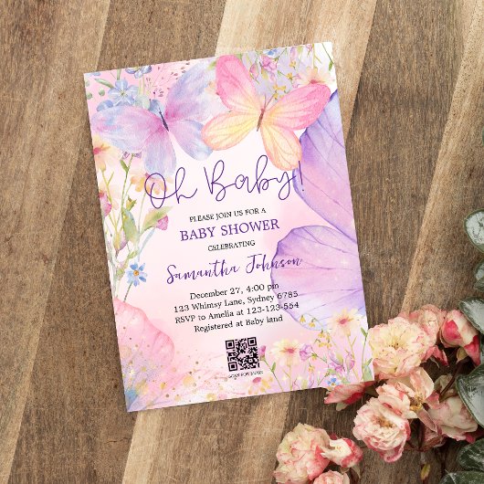 Paarse bloemen Little Butterfly baby shower Kaart
