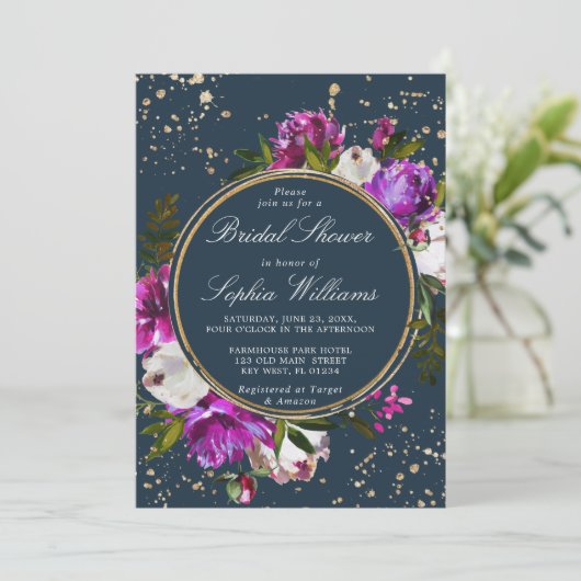 Paarse bloemen & marineblauw Vrijgezellenfeest Kaart (Staand voorkant)