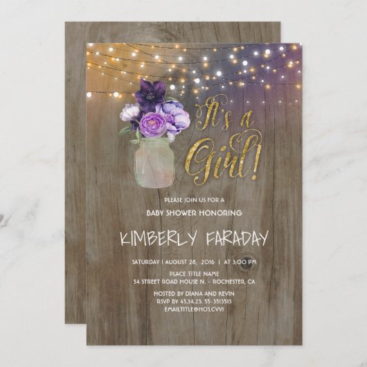 Paarse Bloemen Mason Jar Rustiek Baby shower Kaart (Voorkant / Achterkant)