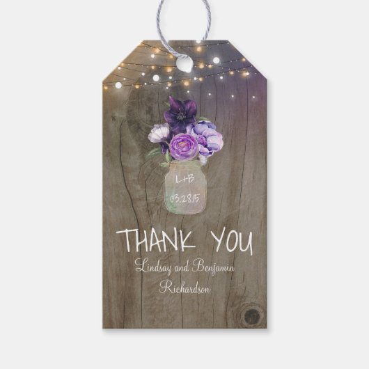Paarse Bloemen Mason Jar Rustiek hout Cadeaulabel (Voorkant)