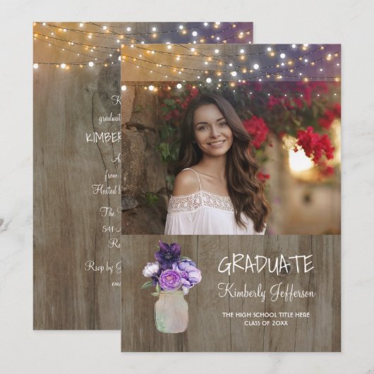 Paarse Bloemen Mason Jar Rustieke Foto Afstuderen Kaart (Voorkant / Achterkant)