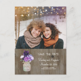 Paarse Bloemen Mason Jar Rustieke Foto Save the Da Aankondigingskaart