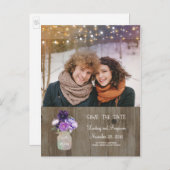 Paarse Bloemen Mason Jar Rustieke Foto Save the Da Aankondigingskaart (Voorkant / Achterkant)