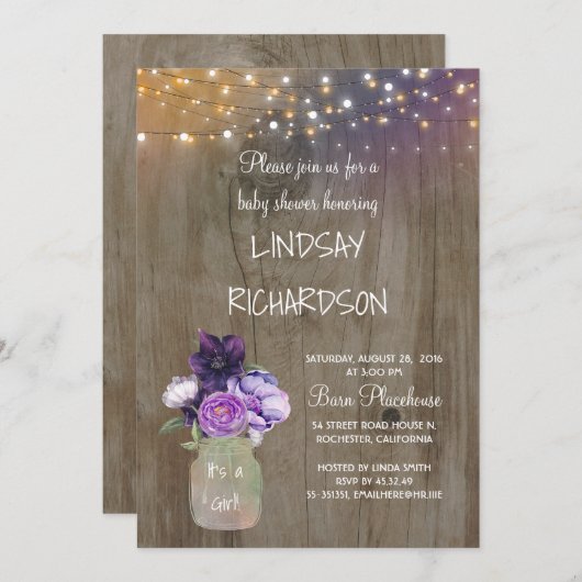 Paarse Bloemen Mason Jar Rustieke Schuur Baby show Kaart (Voorkant / Achterkant)