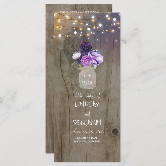 Paarse Bloemen Mason Jar Rustieke Trouwprogramma's Programmakaart (Voorkant / Achterkant)