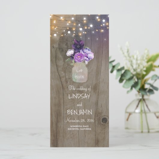 Paarse Bloemen Mason Jar Rustieke Trouwprogramma's Programmakaart (Staand voorkant)
