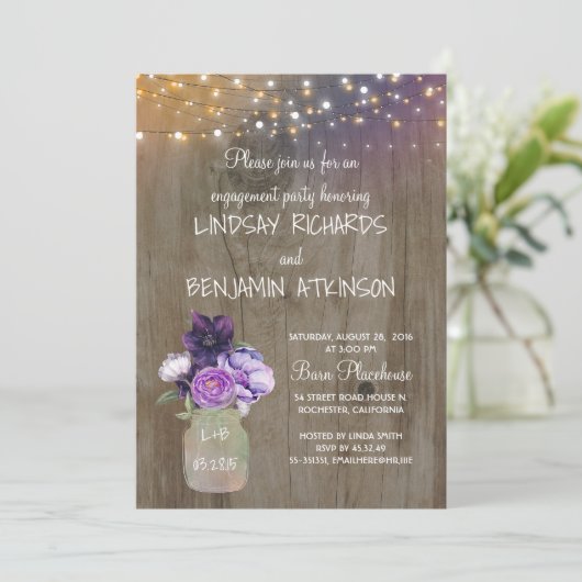 Paarse Bloemen Mason Jar Rustieke Verlovingsfeest Kaart (Staand voorkant)