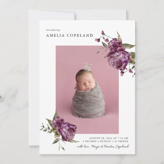 Paarse Bloemen Meisje Baby Foto Geboorte Aankondig Aankondiging (Voorkant)