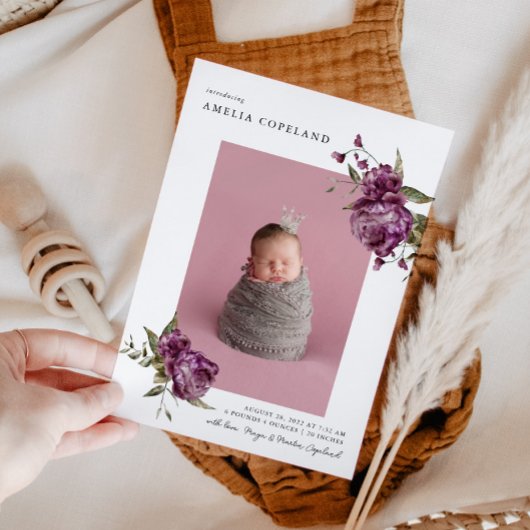 Paarse Bloemen Meisje Baby Foto Geboorte Aankondig Aankondiging