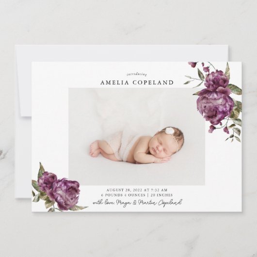 Paarse Bloemen Meisje Baby Foto Geboorte Aankondig Aankondiging (Voorkant)