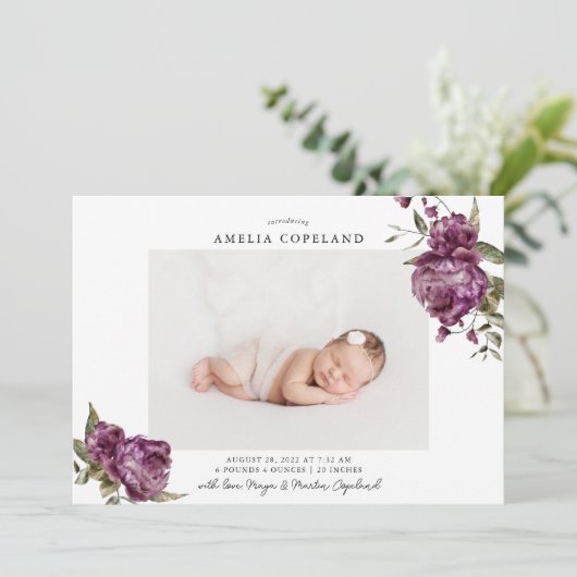 Paarse Bloemen Meisje Baby Foto Geboorte Aankondig Aankondiging (Staand voorkant)