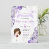 Paarse Bloemen Meisje Eerste Heilige Communie Goud Kaart (Staand voorkant)