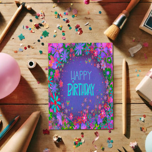 Paarse Bloemen Meisje Verjaardag Kaart