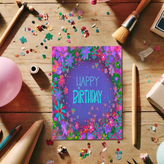 Paarse Bloemen Meisje Verjaardag Kaart