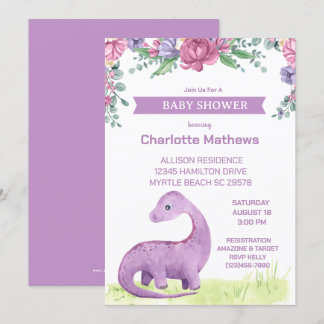 Paarse Bloemen Meisjes Dinosaurus Baby shower Kaart