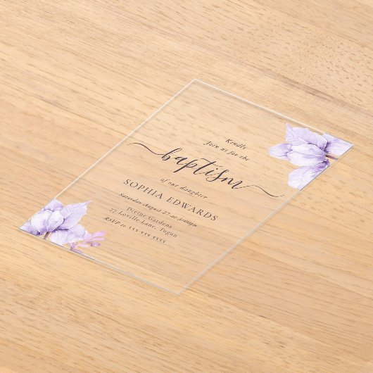 Paarse Bloemen Meisjes Doop Acryl Uitnodigingen (Laagn)